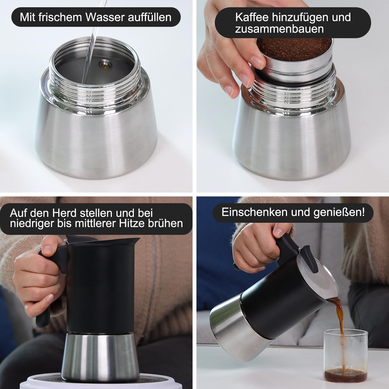 Sivaphe Cafetera de espresso de inducción, cocina de acero inoxidable, cafetera de espresso, cafetera moka, cafetera expreso sin aluminio, 6 tazas, 300 ml, color negro