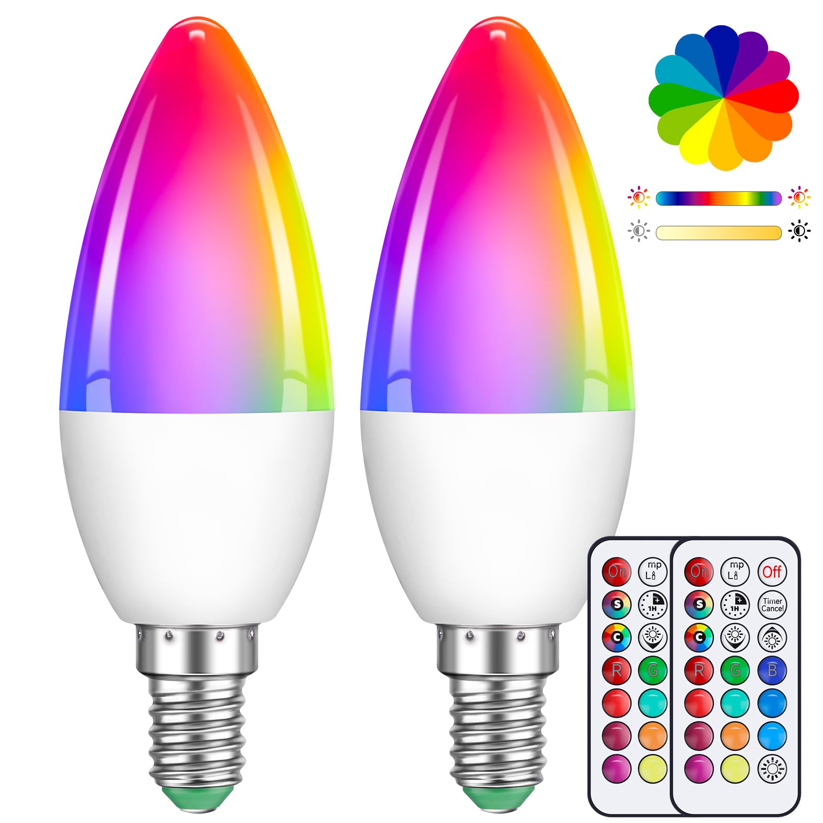 2 Stück 5W Dimmbare Mehrfarbige LED Kerzenbirne E14 C35, Farbwechselbirne Mit Fernbedienung, RGB+Warmweiß Zeitschaltuhr Edison Schraublampe, Geeignet Für Alltagsbeleuchtung Und Stimmungsbeleuchtung