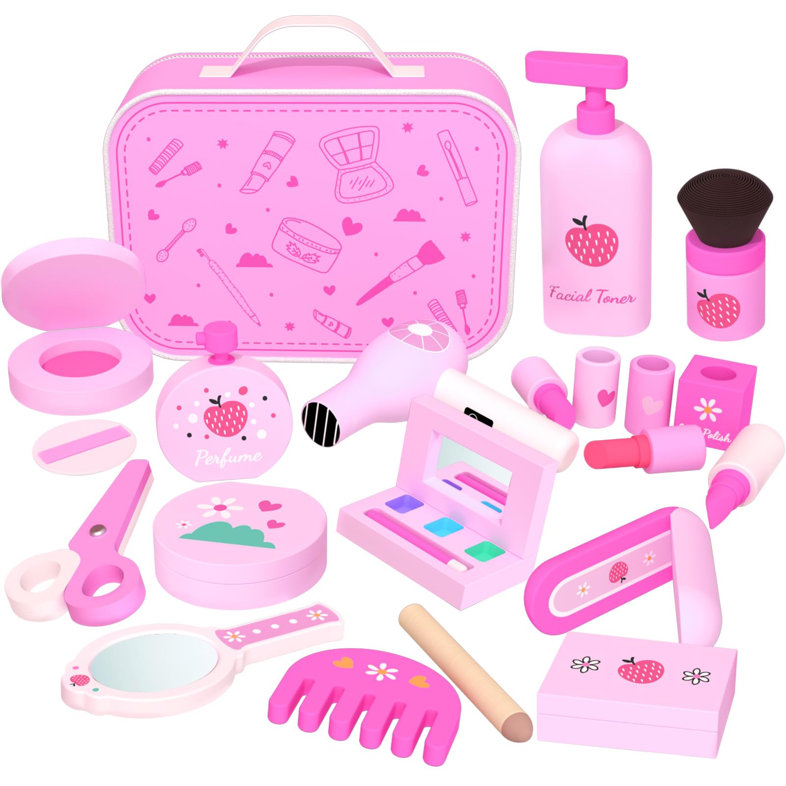 GAGAKU Set de Maquillaje de Madera para Niños Juego de Maquillaje Montessori Fake Makeup Play Dress Up Kit con Secador de Pelo Espejo para Niños Pequeñas Niñas