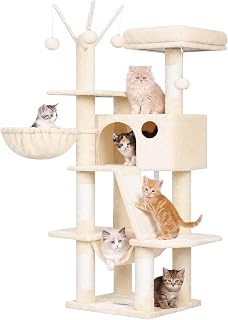 Hey-brother Cat Tree, 135 cm Cat Tower, Cat House with Padded Platform Bed, Toy Balls, Large Cozy Apartment, Hammocks and Sisal Scratches, Beige EMPJ019-SM