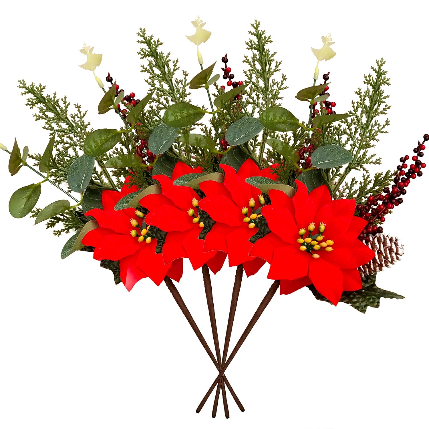 KKSTY 4 Pcs Artificial Poinsettias Stems, 13.78'' Christmas Flowers Picks with Pine Leaves Berries and Pinecone for Xmas Tree Decoration Vase Filler Holiday Home Dcor (Red) - Image 3