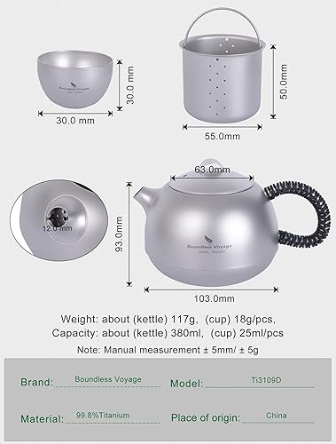 Miniatura 4 de Boundless Voyage Mini hervidor de titanio de 12.8 fl oz con filtro+3 tazas de 0.8 fl oz taza ultraligera tetera set camping café té agua fabricante