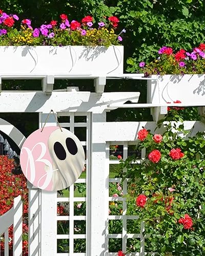 Miniatura 6 de Letrero de bienvenida para decoración de puerta delantera, Halloween, fantasma, rosa, 10 pulgadas, coronas, letrero colgante, decoración navideña