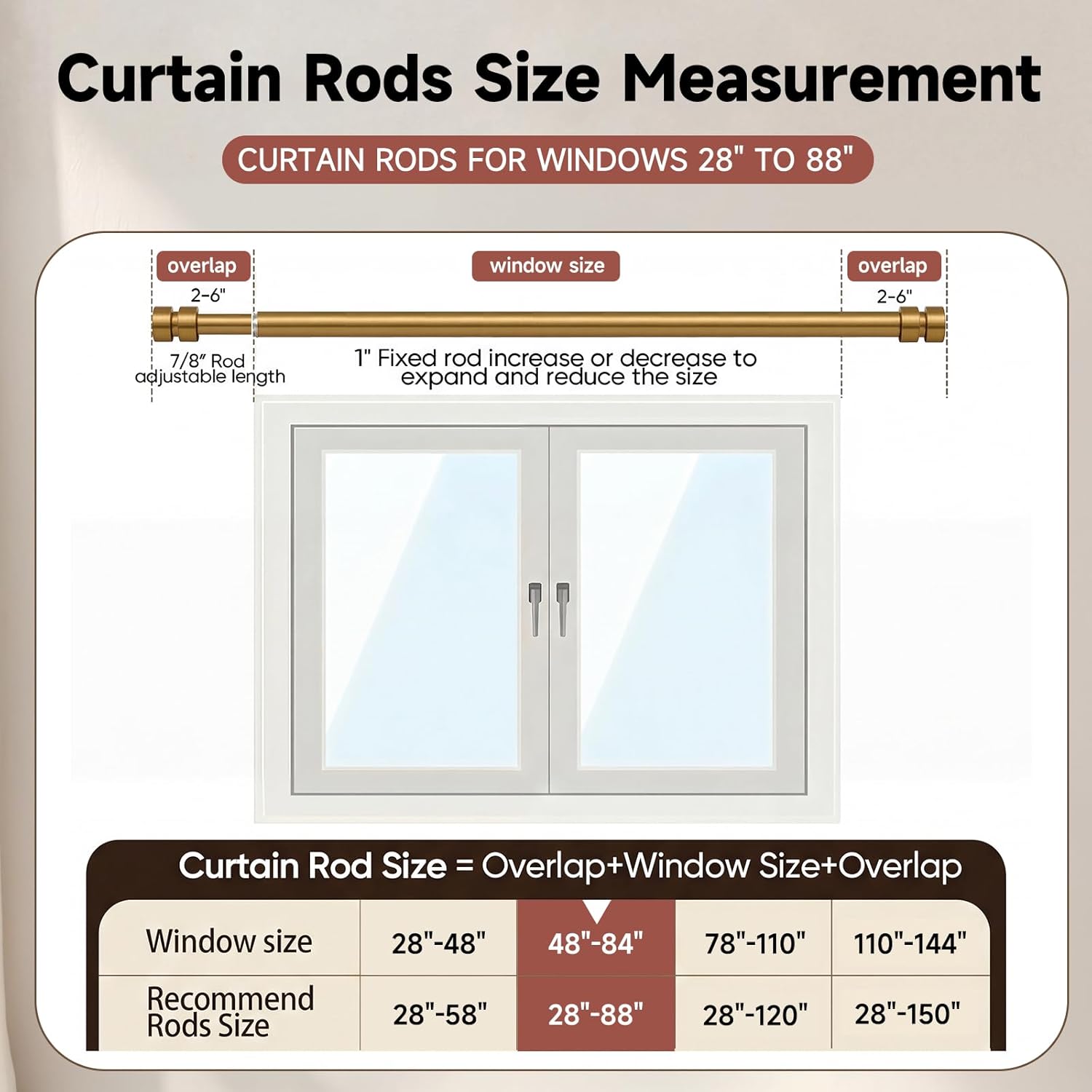 Warm Gold Curtain Rods with Solid Metal Finials 48 to 84 Inches Adjustable Heavy Duty 1 Inch Brass Curtain Rod for Windows, Modern Decorative Drapery Rods for Bedroom Kitchen Living Room