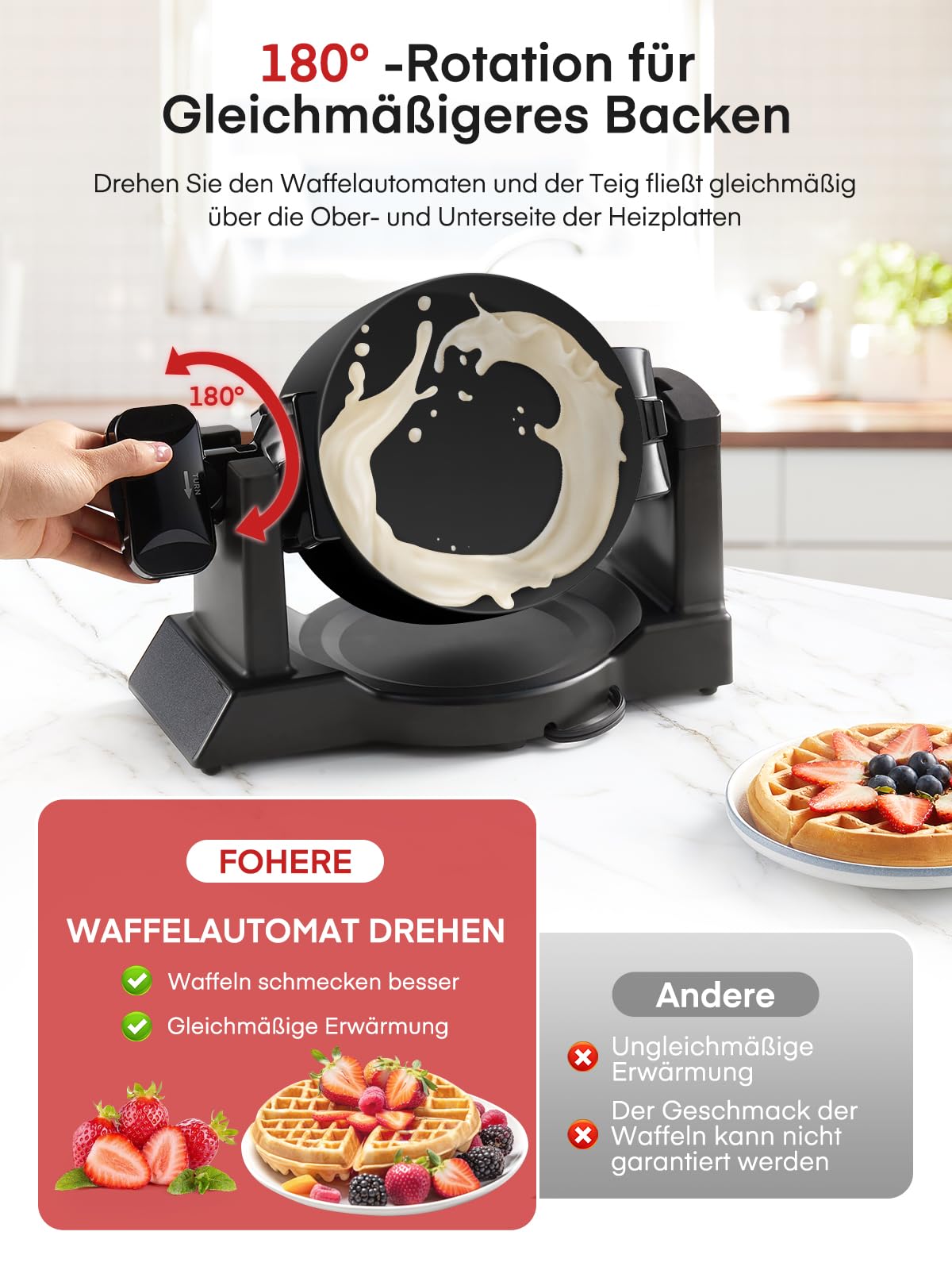 Waffeleisen 1400W Doppeltes Belgisches Waffeleisen 180° Drehung, 8 Scheiben in 3 Min., Antihaft-Platten, Anti-Verbrennungsschutz, Abnehmbare Auffangschale Einfach zu Reinigen, Waffle Maker