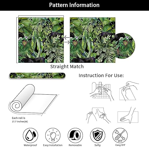 Miniatura 7 de Papel tapiz de 18 x 236 pulgadas, diseño de plantas tropicales verdes, pantera negra, fácil de despegar, autoadhesivo, extraíble, para armario de