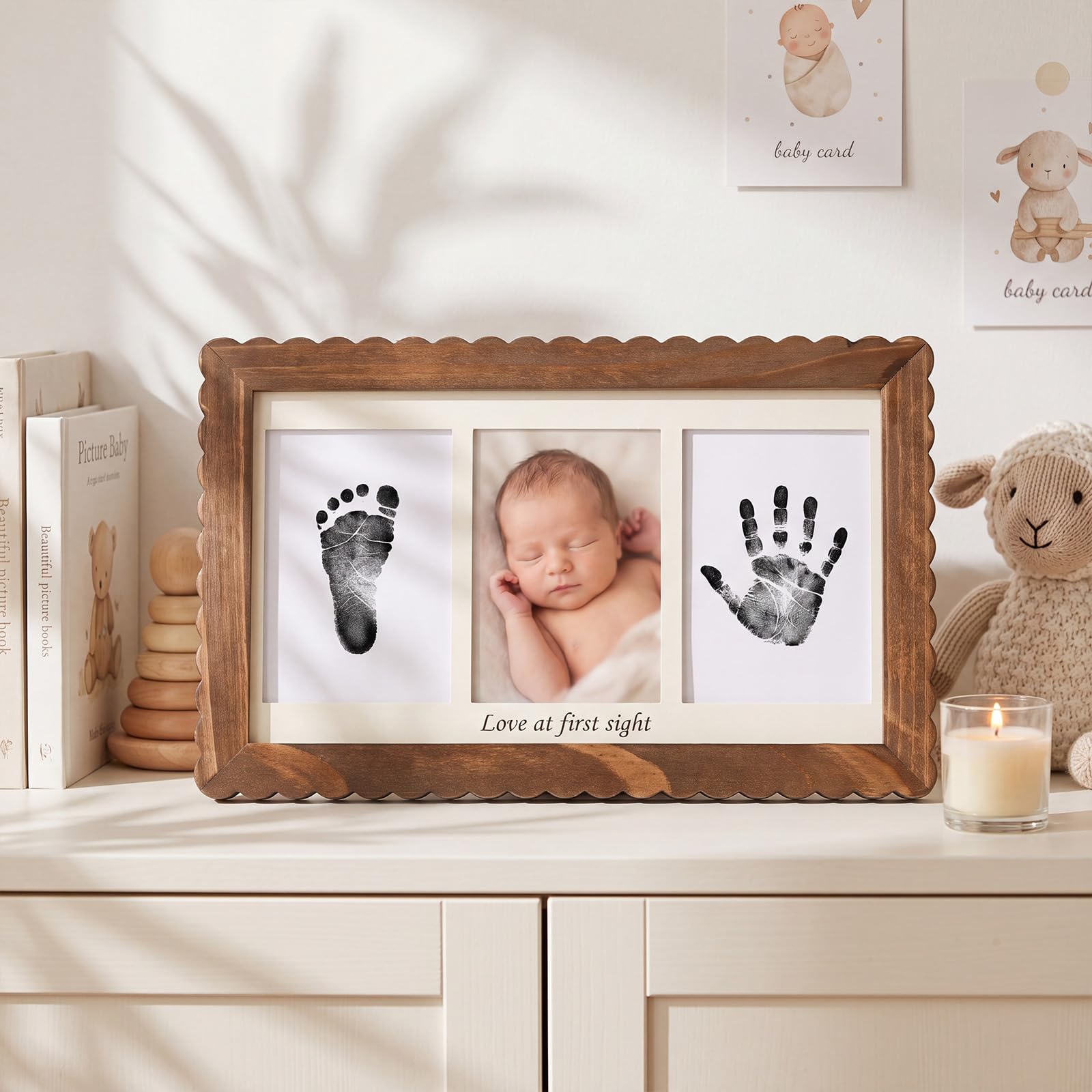 SiliFine Kit de huellas de manos y pies de bebé, marco festoneado de madera maciza, marco de recuerdo de recién nacido, regalo para baby shower, búsqueda de registro de bebés, kit de impresión de