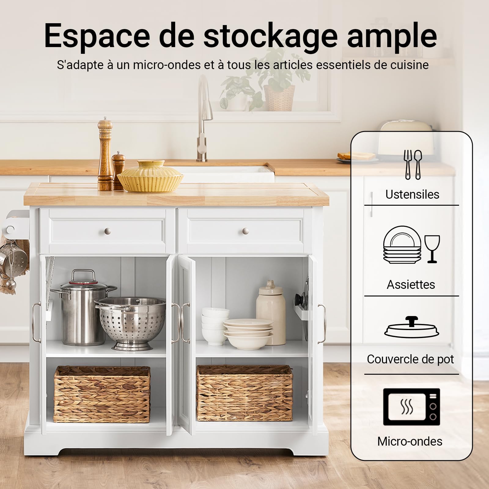 SoBuy Îlot Central Cuisine à roulettes & Plan Pliable, 115x92x(46-71) cm | Desserte Cuisine à roulettes, 2 tiroirs, tablettes réglables, range-couvercles & barre, 98 kg de charge, MDF/PB, FKW71-III-WN