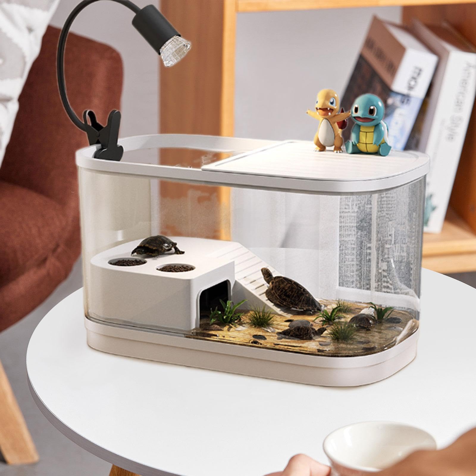 Acquario per Tartarughe, Acquario per Tartarughe con Coperchi, Accessori per Rettili, Habitat per Rettili, con Piattaforma per Rane, E Draghi B, Beige Medio