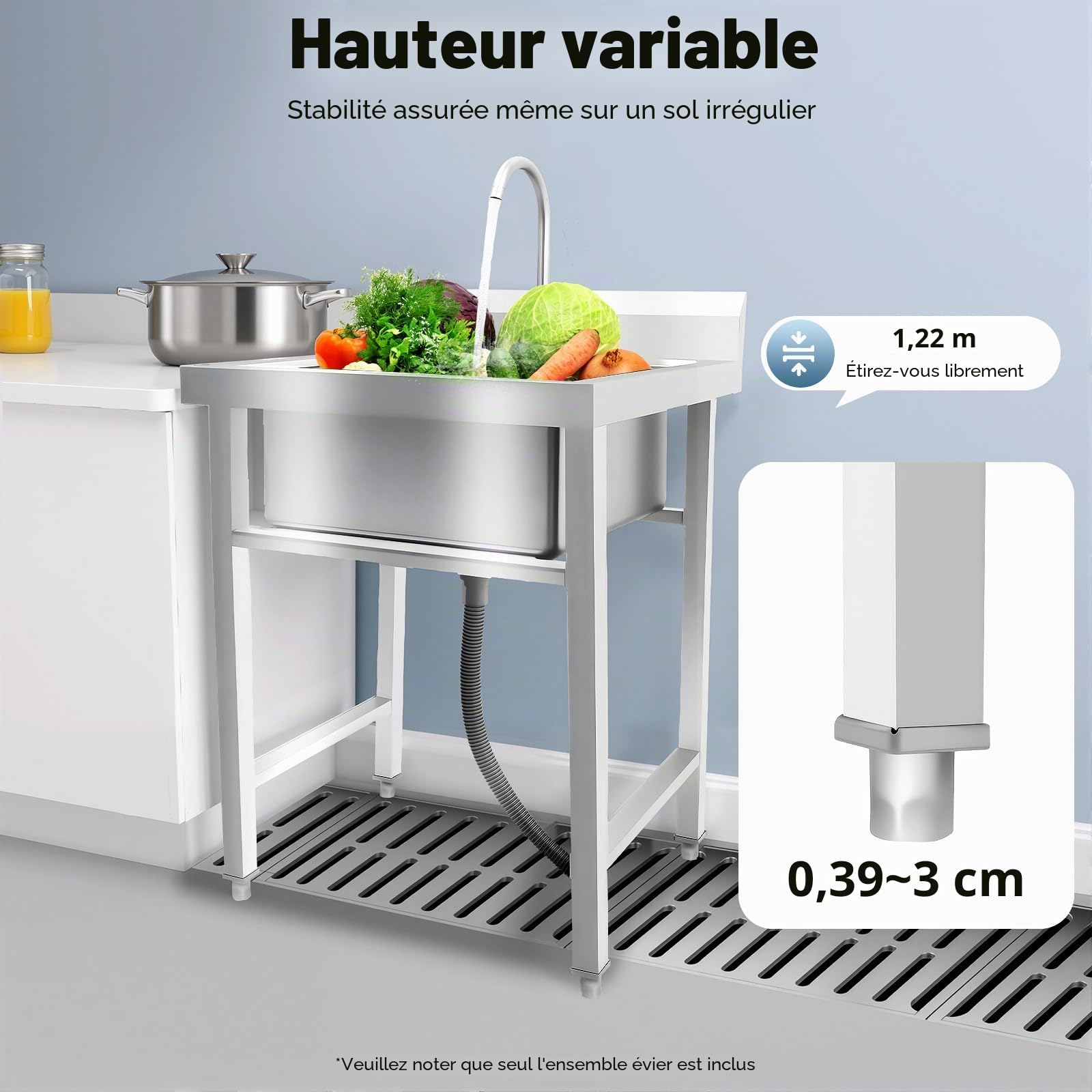 Évier en acier inoxydable, évier de cuisine, 1 bassin, évier mobile, éviers de cuisine autonomes, lavabo à main, pour bars, restaurants, cuisines, buanderies