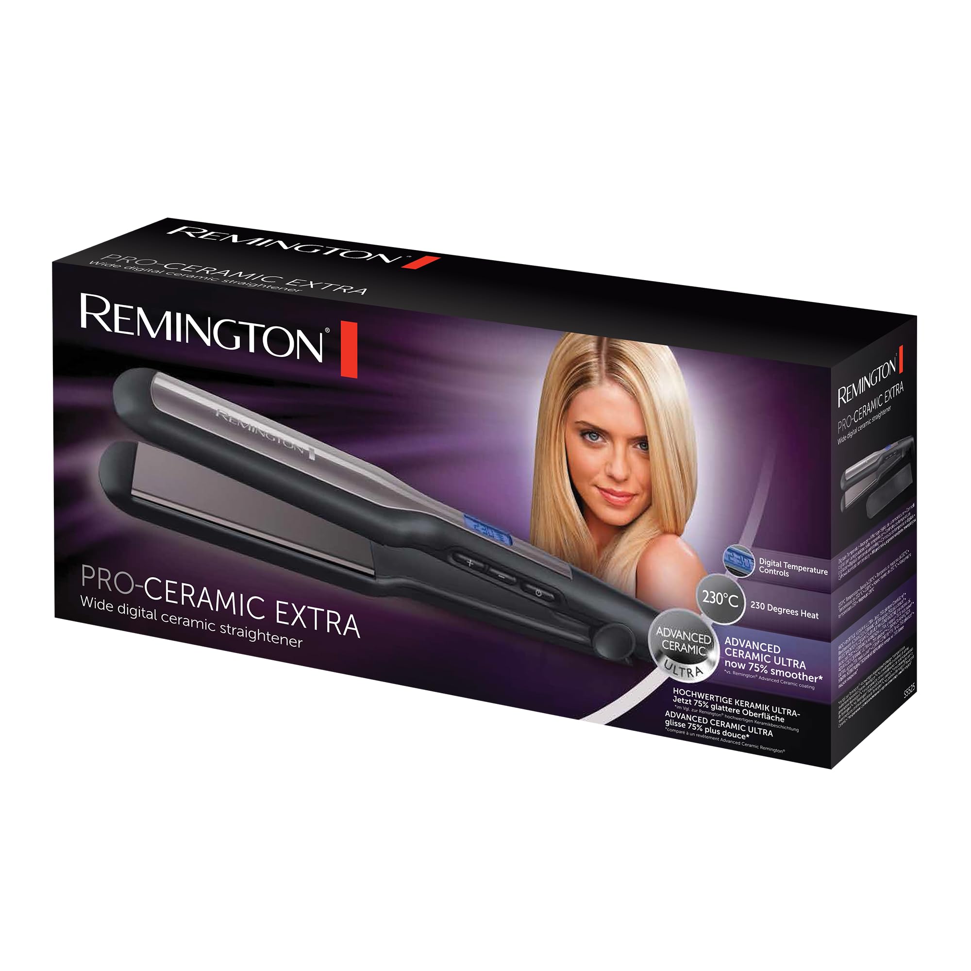 Remington Plancha de Pelo Ancha Pro Ceramic Extra, Cerámica Avanzada Ultra, Placas Flotantes, Temperatura hasta 230°C, Función Turbo y Bloqueo Temperatura, Digital, Calentamiento 15s, S5525