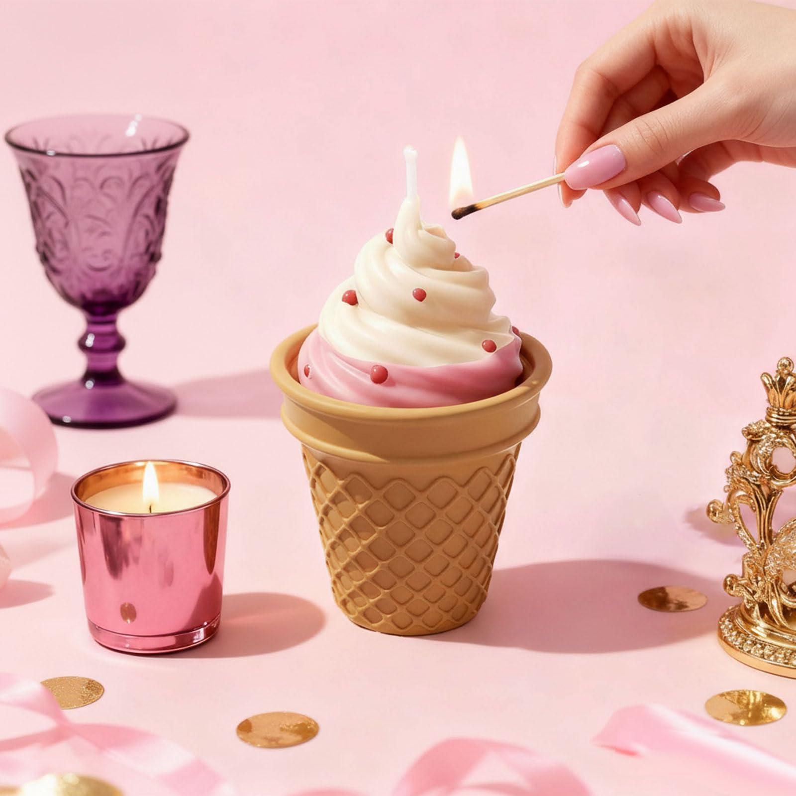 BOOWAN NICOLE Süßes Swirl-Eiscreme-Kerzenglas & Kerzen-Nachfüll-Silikonform Kerzenformen zum Gießen für Kerzenherstellung Handwerk Ornamente (SH1332+LZ0973)