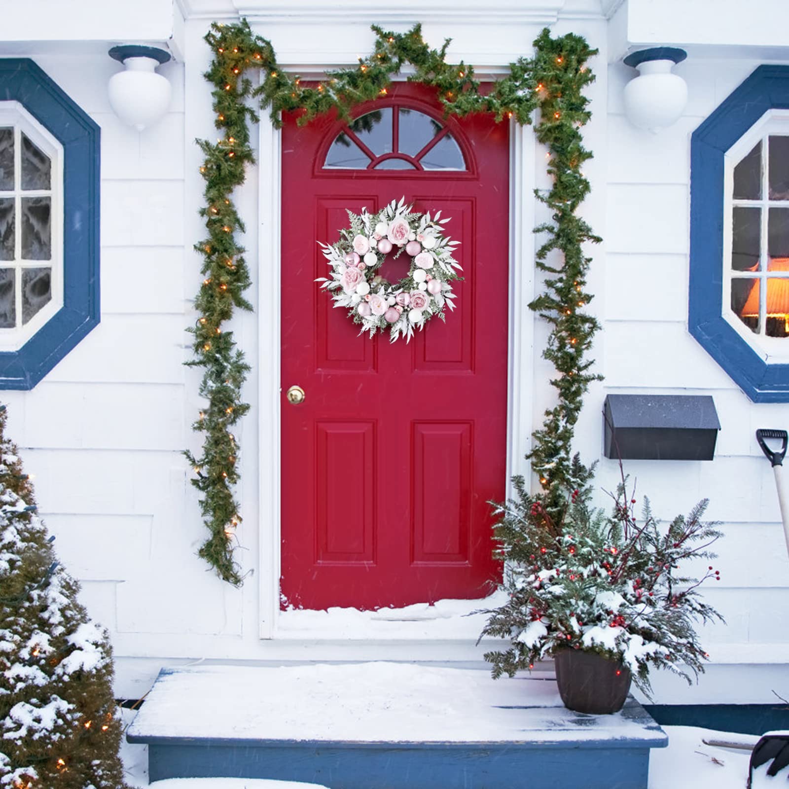 22 coronas de Navidad artículos navideños con rtificial rosa peonía eucalipto, brillante puerta delantera ventana colgante bola de Navidad corona para decoración de boda suministros festivos