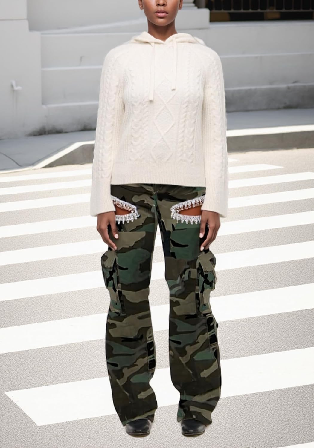 DINGANG Women's High Waisted Cargo Jeans Rhinestones Bling Stretchy Baggy Denim Pants with Flap Pockets - Image 6