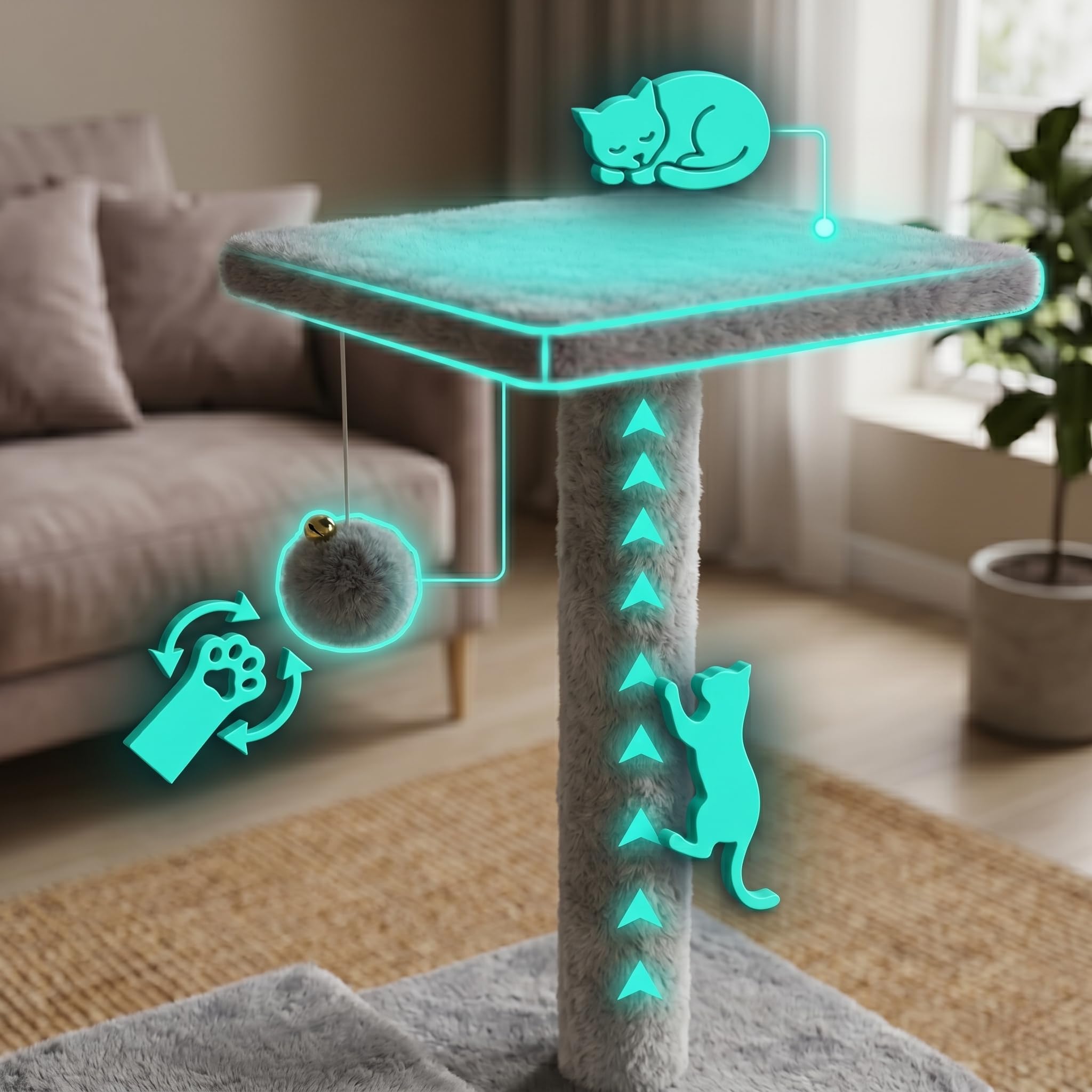 Kratzbaum mittelgroßer, Katzenbaum mit Katzenhöhle Rampe und Hängematte, Aktivitätskratzbaum mit Kratzsäule Plüschball 4 Ebenen 138 cm für Katzen grau BE-Active