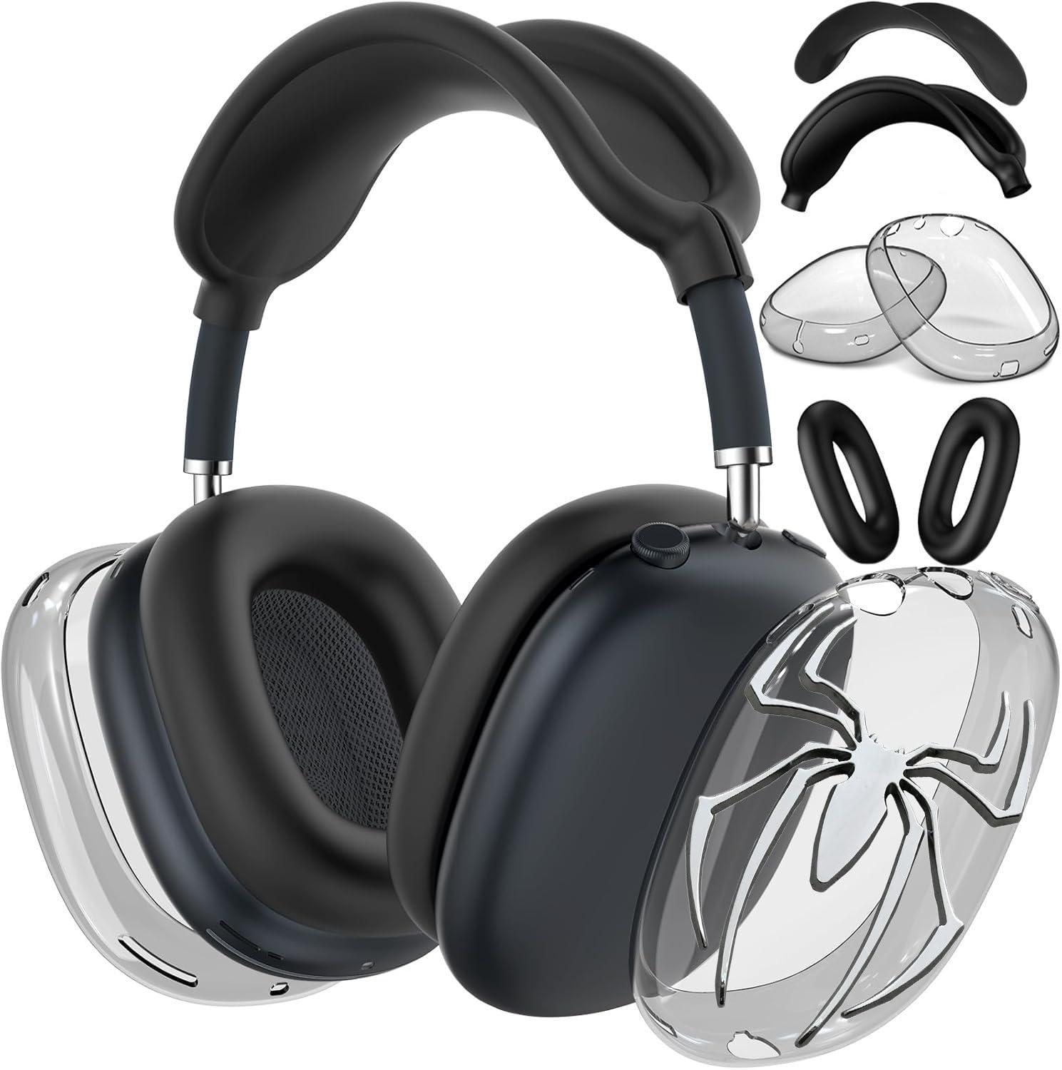 [4 in 1] Case Cover for AirPods Max Headphones (2024/2020) Ear Pad Case Cover/Headband Cover/Ear Cups with 3D Spider Chrome Emblems Badges for Apple