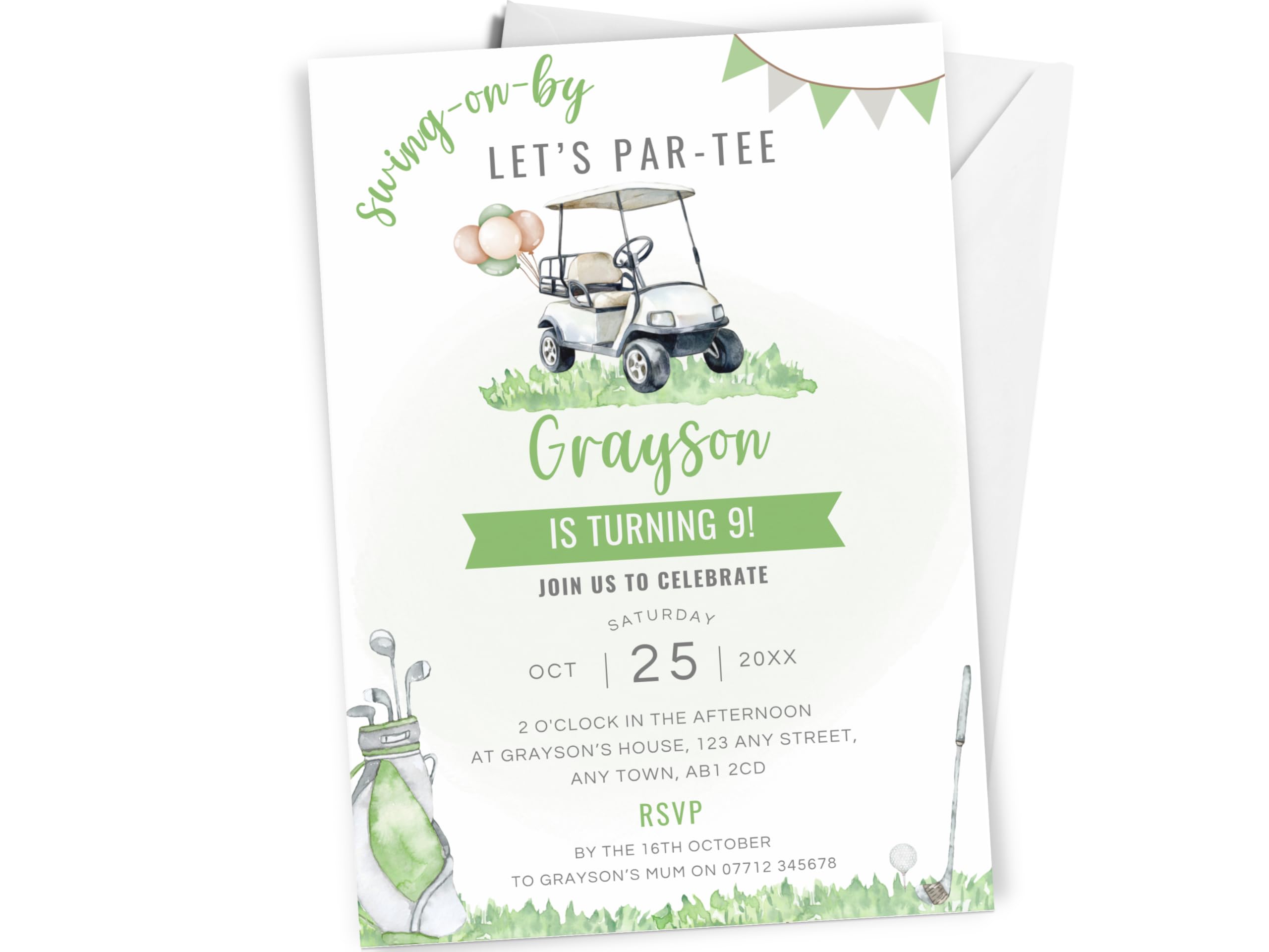 Love To Cherish 10 x Personalised Golf Birthday Party Invitations with envelopes, Green Golf Cart Birthday Invites, Golf Themed Invites