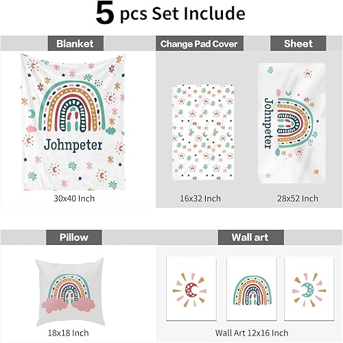Miniatura 8 de Juego de ropa de cama personalizado para cuna de bebé, juego de 5 piezas para cuna de bebé, diseño de arco iris y diseño de arco iris, manta de bebé