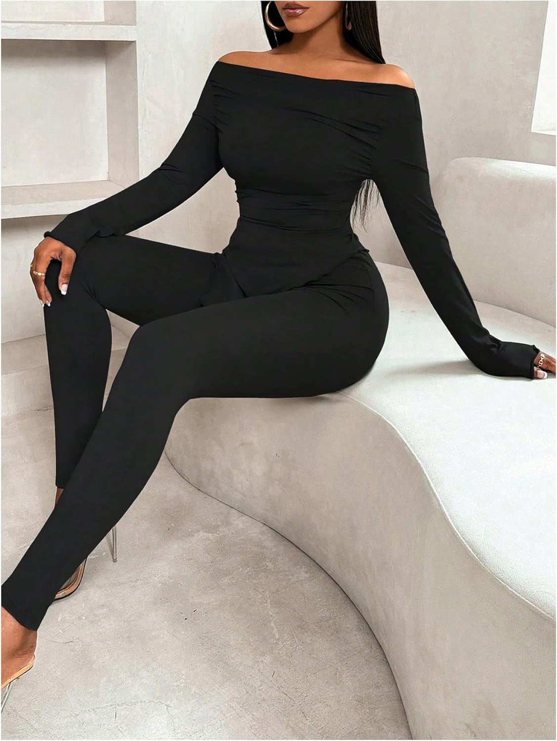 SHENHE Women's 2 Piece Outfits Off Shoulder Long Sleeve Asymmetrical Tops and High Waisted Leggings - Image 4
