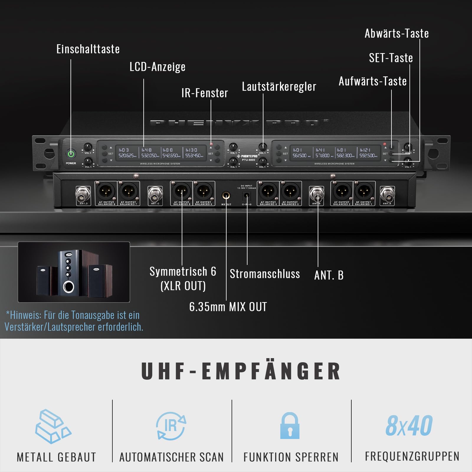 Phenyx Pro 8-Kanal UHF Auto Scan Funkmikrofon-System PTU-6000-8H | 8 dynamische Handmikros, 8 x 40 Frequenzen, 328 ft Reichweite, Live-Gesang, Gottesdienste, Karaoke-Events