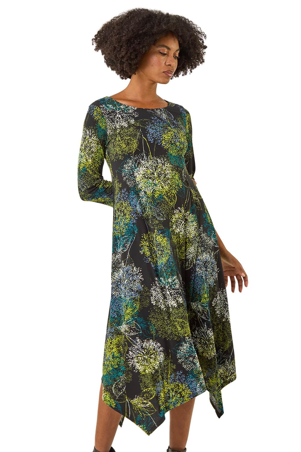 Roman Women's Green Floral Hanky Hem Stretch Midi Dress Size 12