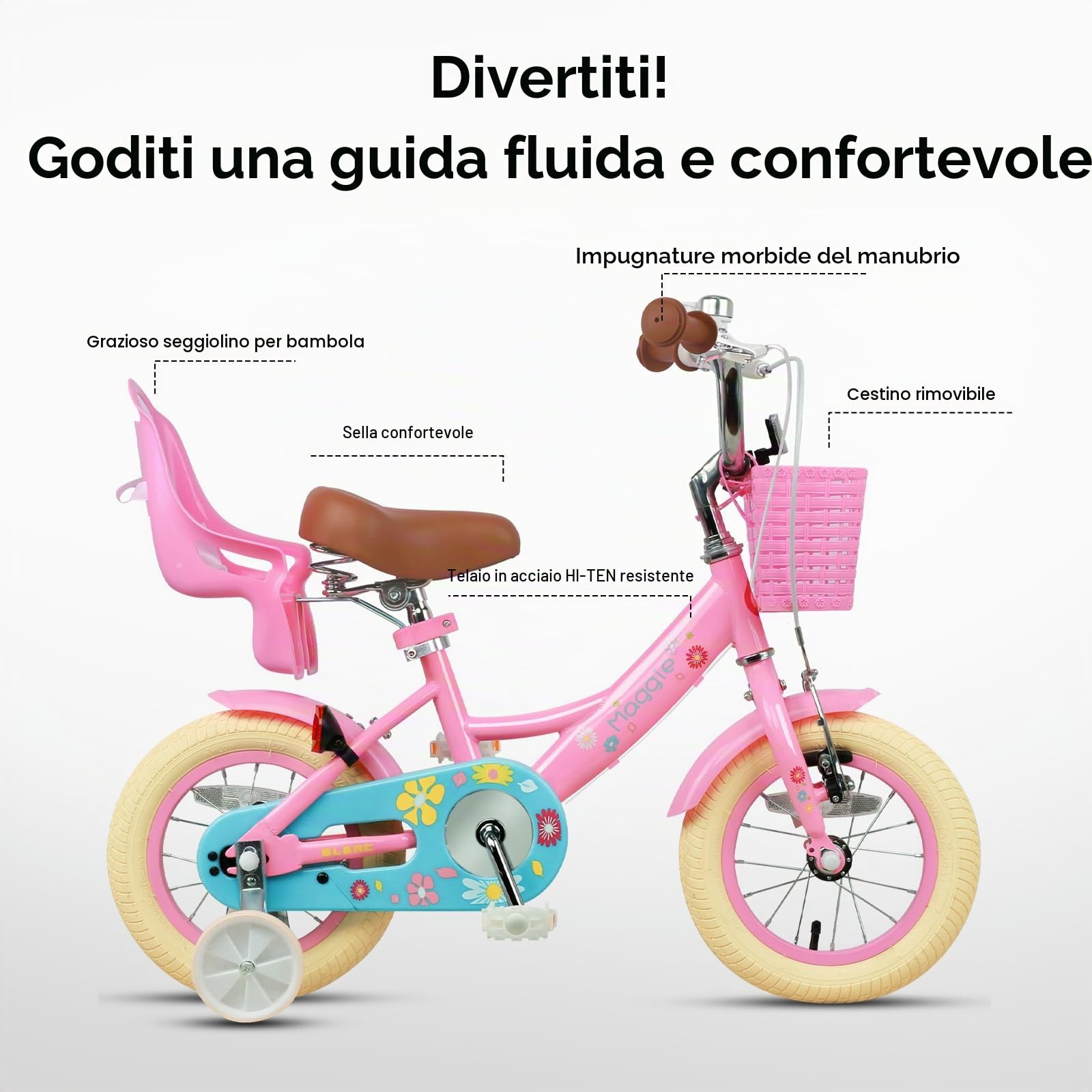 Glerc Bicicletta bambine 40,6 cm 2-7 anni con cestino ruote campanello colori assortiti