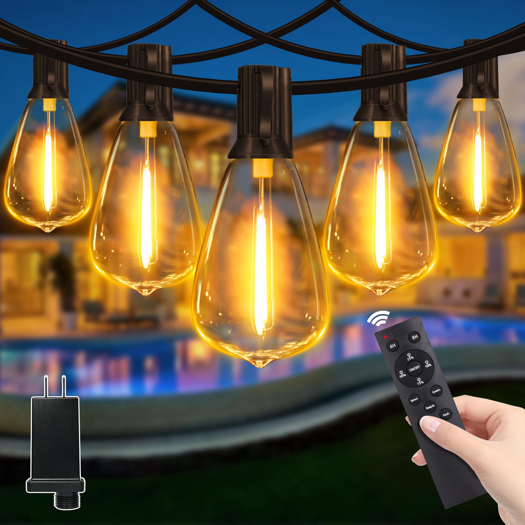 Guirlande lumineuse d'extérieur à intensité variable avec télécommande, 30,5 m avec 2 minuteries et 3 modes, lumières de terrasse étanches et incassables, 2 200 K, 3 ampoules de rechange pour patio et
