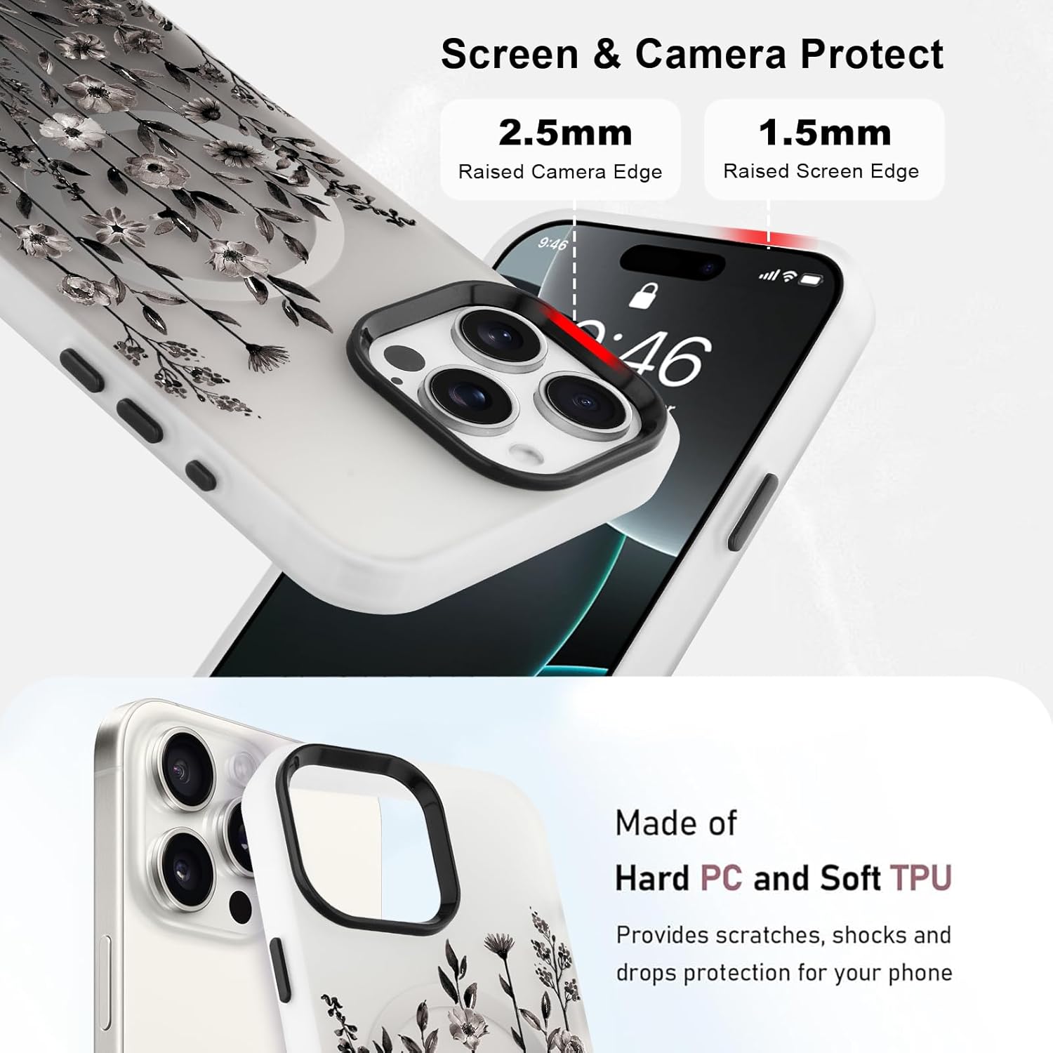 Magnetic for iPhone 16 Pro Max Case [Compatible with MagSafe] Pretty Gradient Flower Floral Pattern Design, Slim Shockproof Jelly Cover for Women Girls, Black