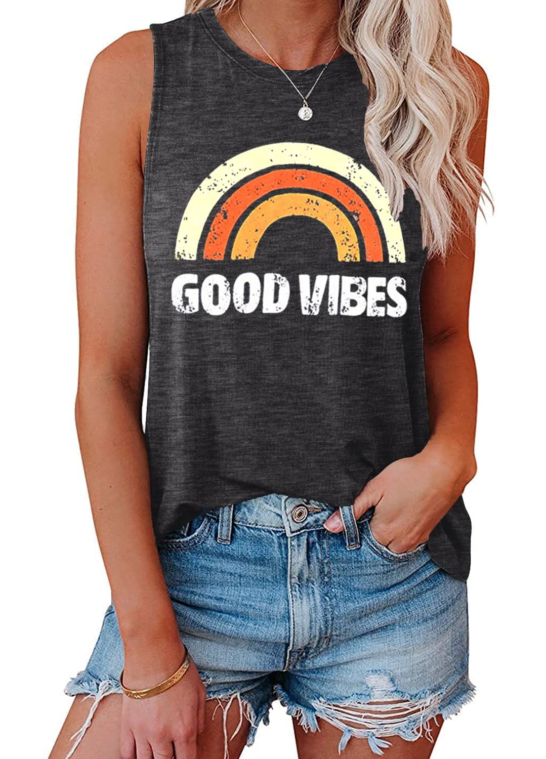 YEXIPOWomens Tank Tops Summer Sleeveless T Shirts Casual Loose Letter Printed Graphic Tees Blouses