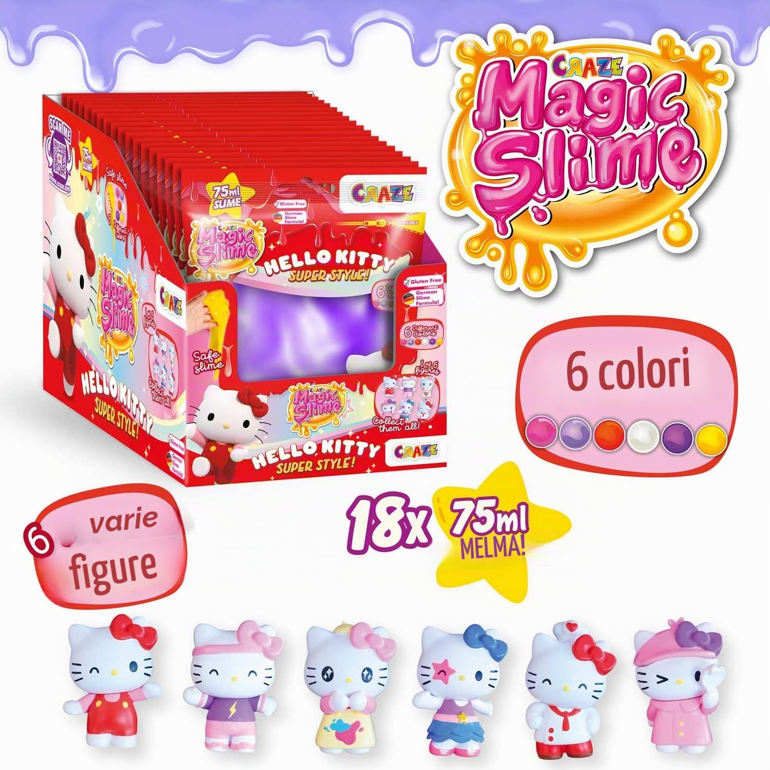 CRAZE MAGIC Slime BAG HELLO KITTY 18 pack | set slime 6 colori, 18 sacchetti con 75ml per bambini, inodore, senza rifiuti
