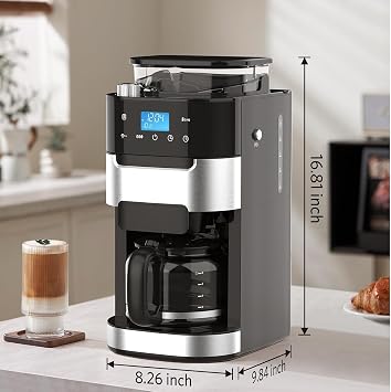 Electactic 10-Cup Drip Coffee Maker Machine with Built In Grinder | Programmable Grind and Brew Coffee Machine with Smart LED Touchscreen, Customizable Strength & Grind Size, Upgrade Black