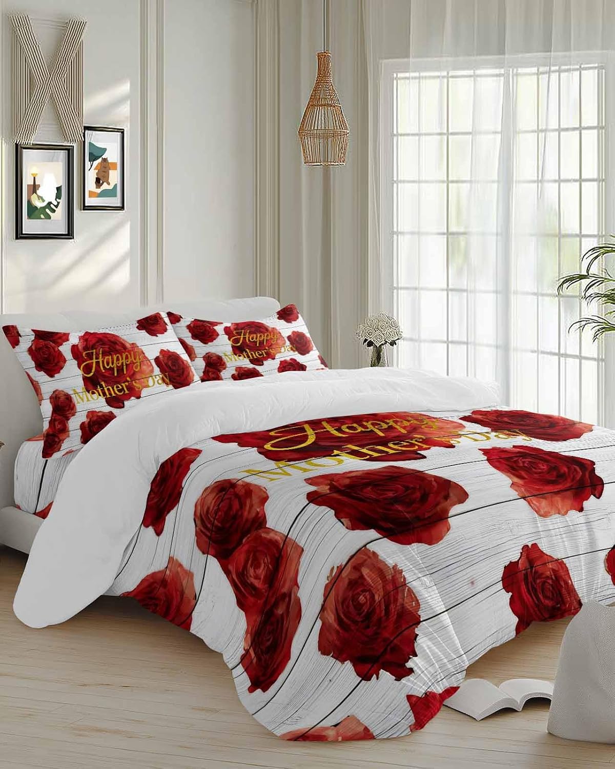 Duvet Cover Full Size - 4 Pieces Bedding Set, Happy Mother's Day Bedding Comforter Covers Zipper Closure, 1 Duvet Covers 1 Fitted Sheet 2 Pillow Shams Grey Wooden Farmhouse Red Roses