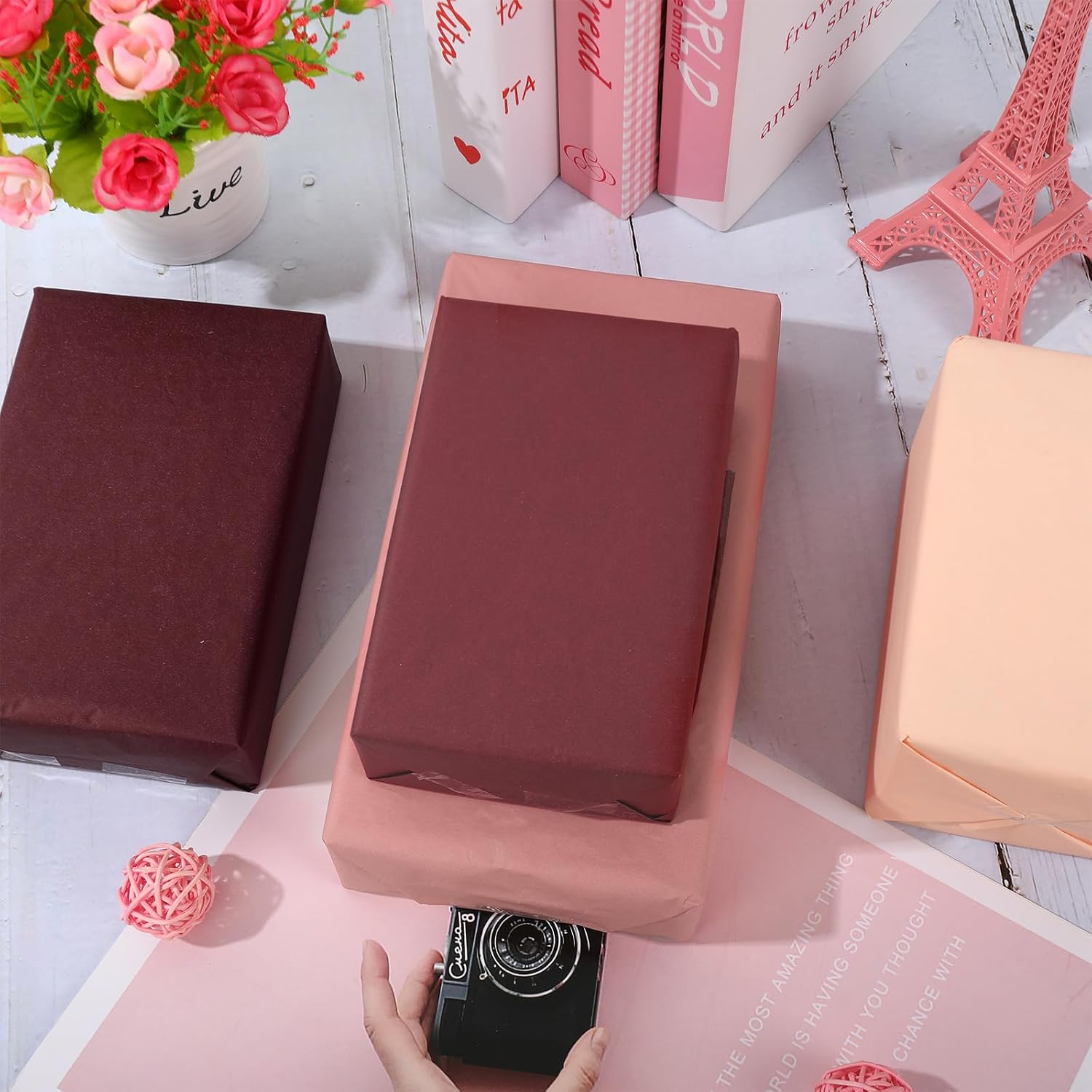 JarThenaAMCS 60 Sheets Burgundy Red Pink Tissue Paper Gradient Pink Wrapping Paper Decorative Art Tissue for Christmas Birthday Baby Shower Wedding Party DIY Crafts, 14 x 20 Inch