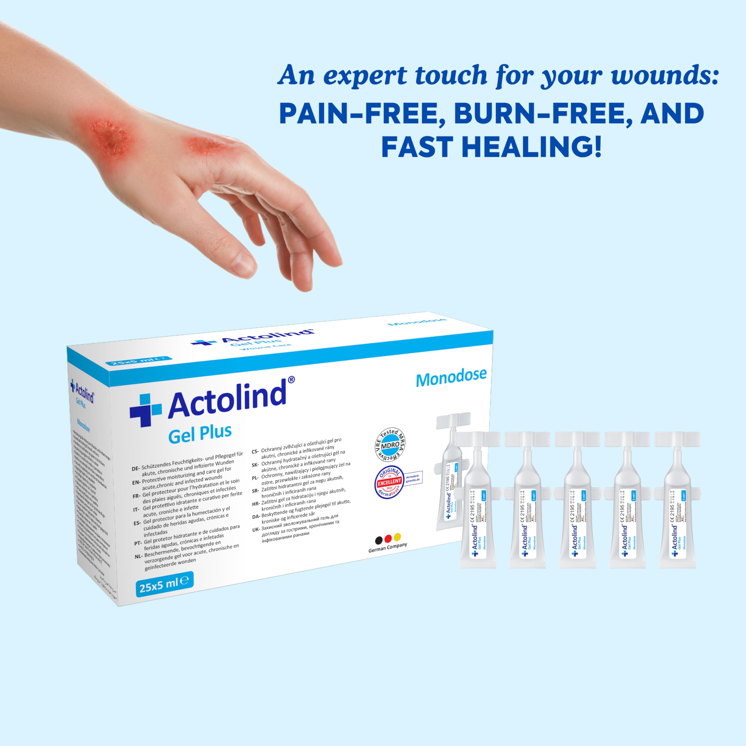 Actolind Gel Plus 25x5 ml – gel antisettico per ferite, indicato per ustioni, punture di insetti e abrasioni, nonché per ferite acute e cronicamente infette. CE III secondo MPG. Con PHMB.