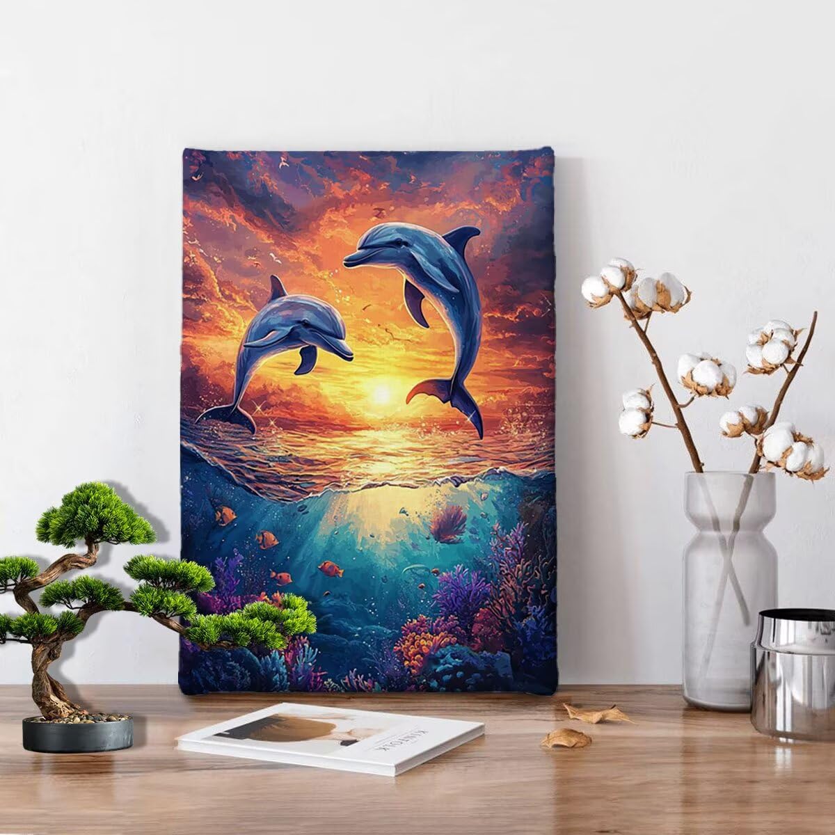 5D Diamentowe malowanie dla dorosłych, delfin diamentowy obraz z akcesoriami, DIY diamentowe obrazy dla dzieci, zestaw do haftu krzyżykowego, czynność ręczna, dekoracja ścienna (zachód słońca) 80x110