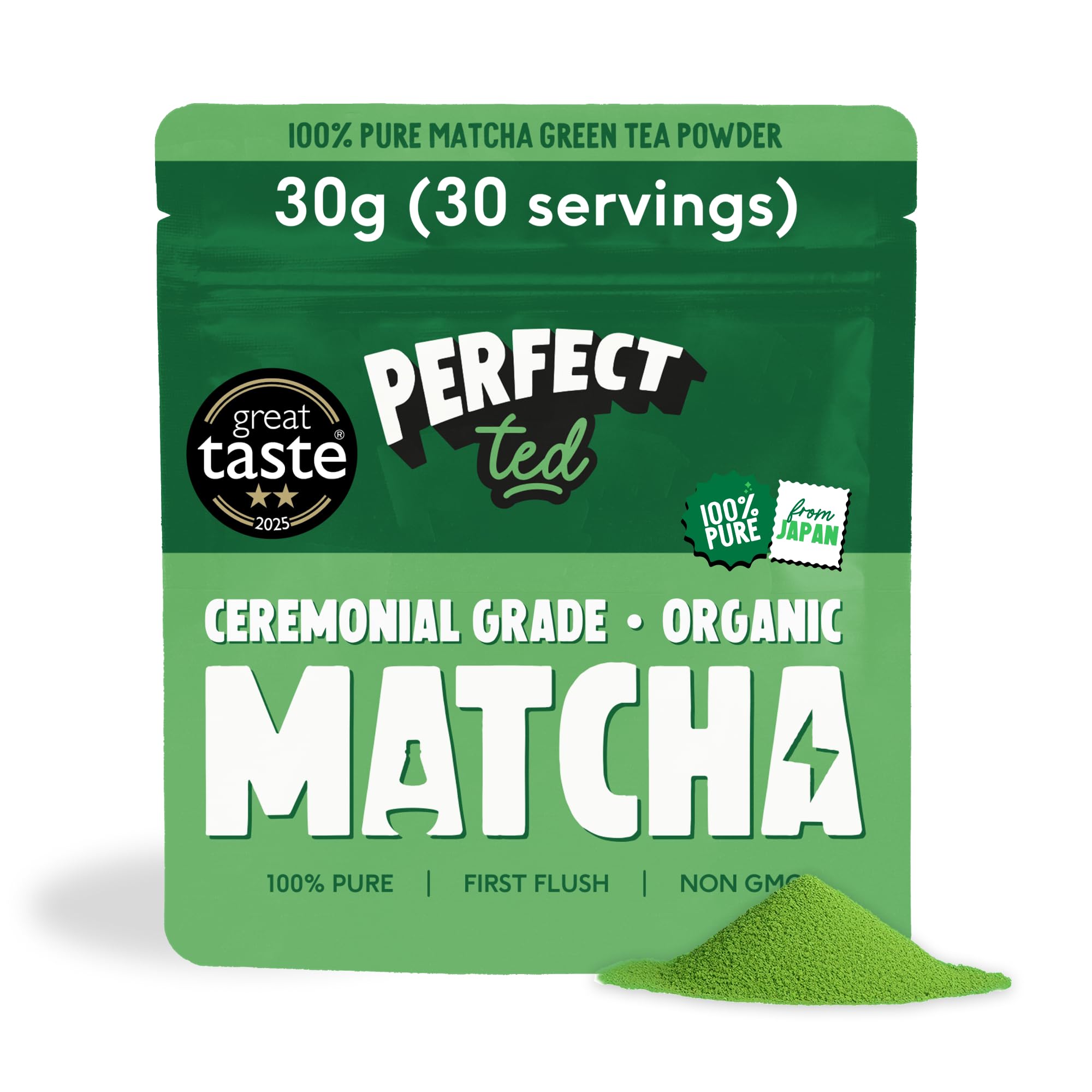 Perfect Ted | Orgánico Matcha 30g (30 Porciones) | Polvo para Latte de Té Matcha Ceremonial | Té Verde Japonés | Té Matcha en Polvo | Macha Tea | Matcha Fuel (30g, Orgánico)