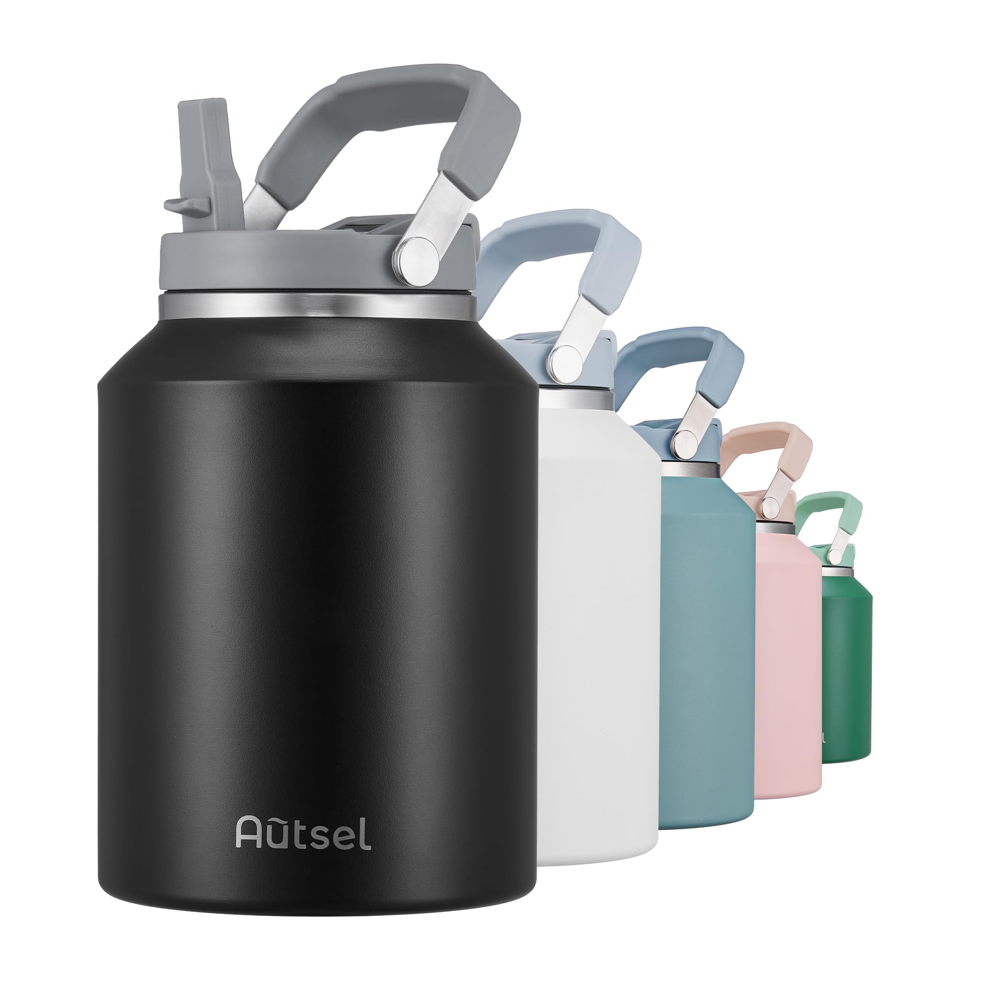 Autsel Bouteille Isotherme 2L, Large Gourde Inox Isotherme Gourde Sport Étanche Gourde Musculation avec Poignée, pour Le Sport, La Randonnée, en Plein Air