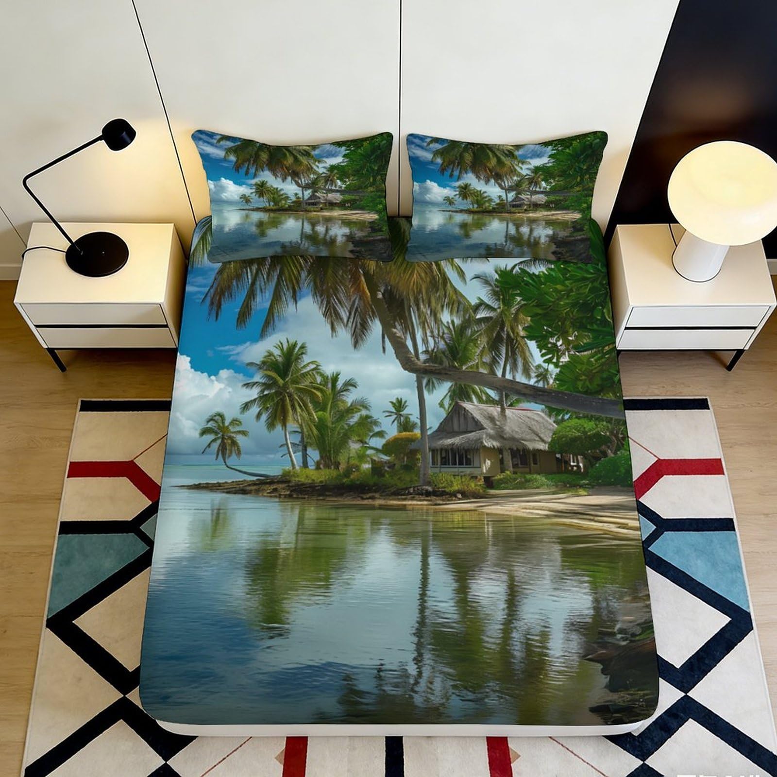 3D Printed Tropical Island Fitted Sheet Microfiber Soft Breathable Palm Tree Bed Cover for Bedroom Dormitory Guest Room Mattress Protection Decor 180x200x25cm