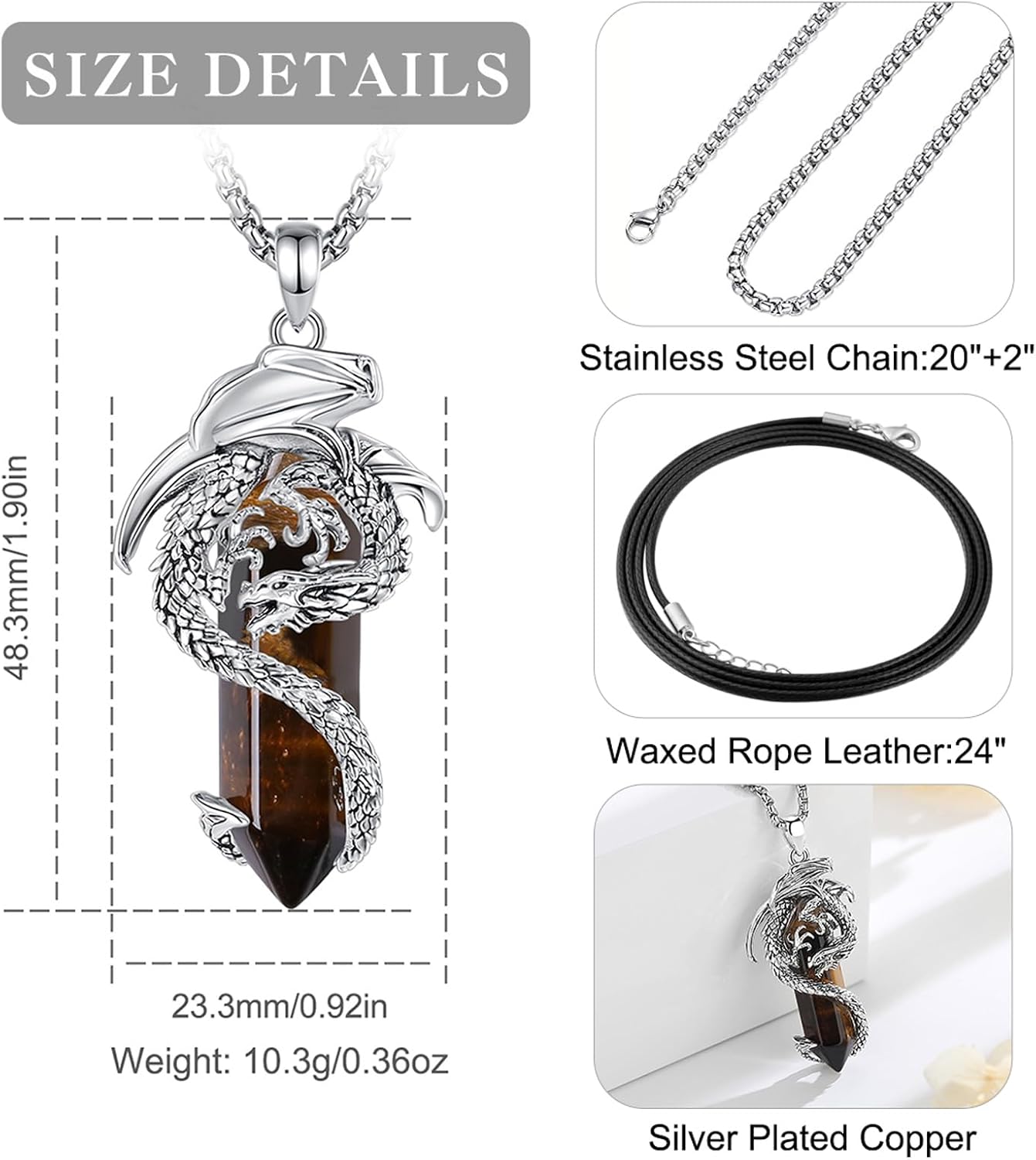 EUDORA Vintage Dragon Necklace with Healing Crystal for Women Men, Silver Plated Copper Viking Dragon Pendant Amulet Energy Gothic Jewelry, Gift for Women Men Dad Mother Mom, Chain 20" +24" - Image 4