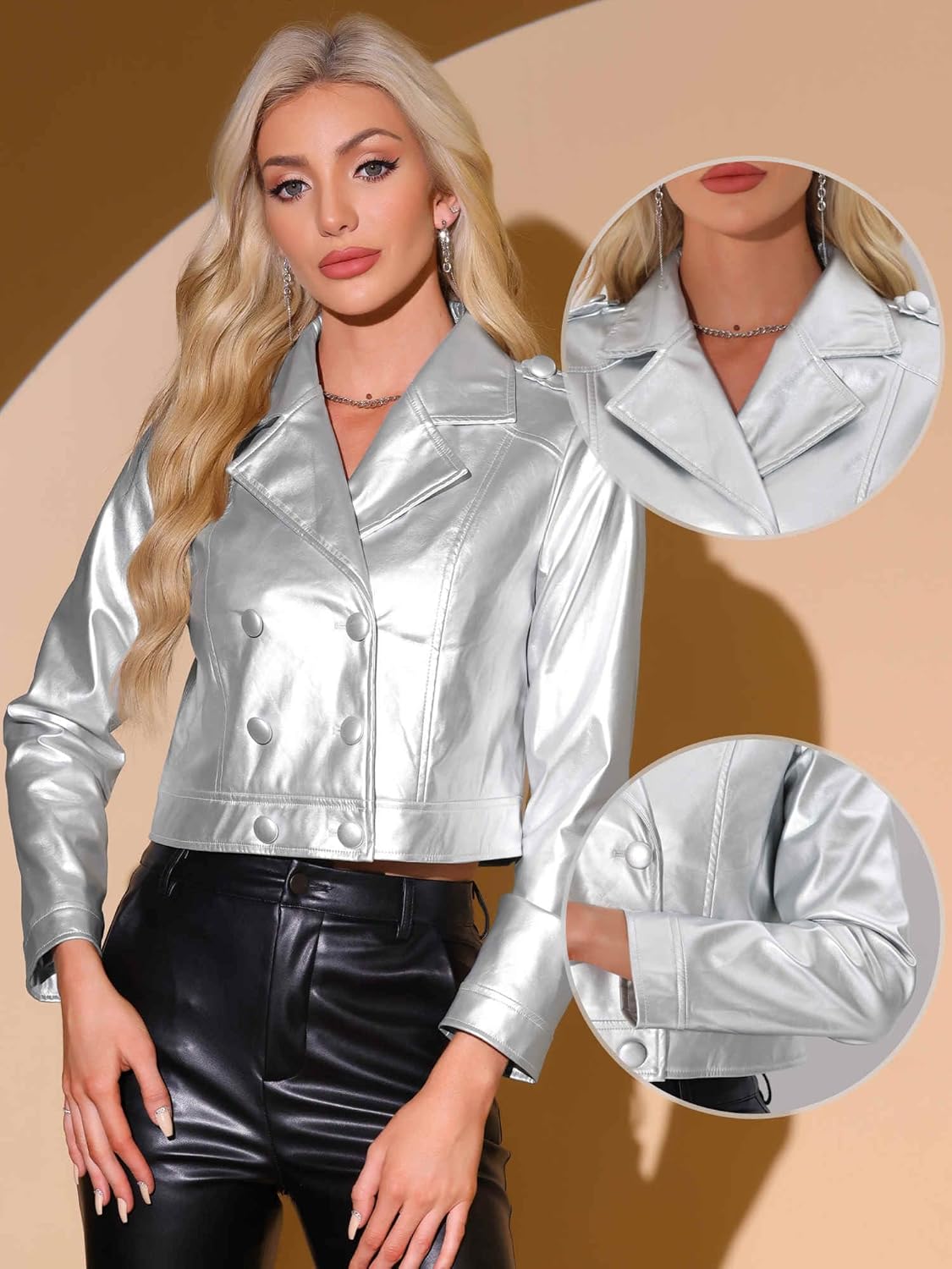 Allegra K Metallic Jacket for Women's Double Breasted Notch Lapel Disco Party Shiny Holographic Jackets