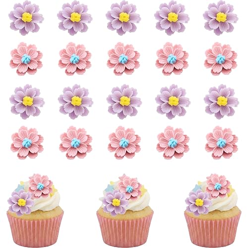 20Pcs Flowers Cupcake Toppers Pink Purple Flowers Cake Topper for