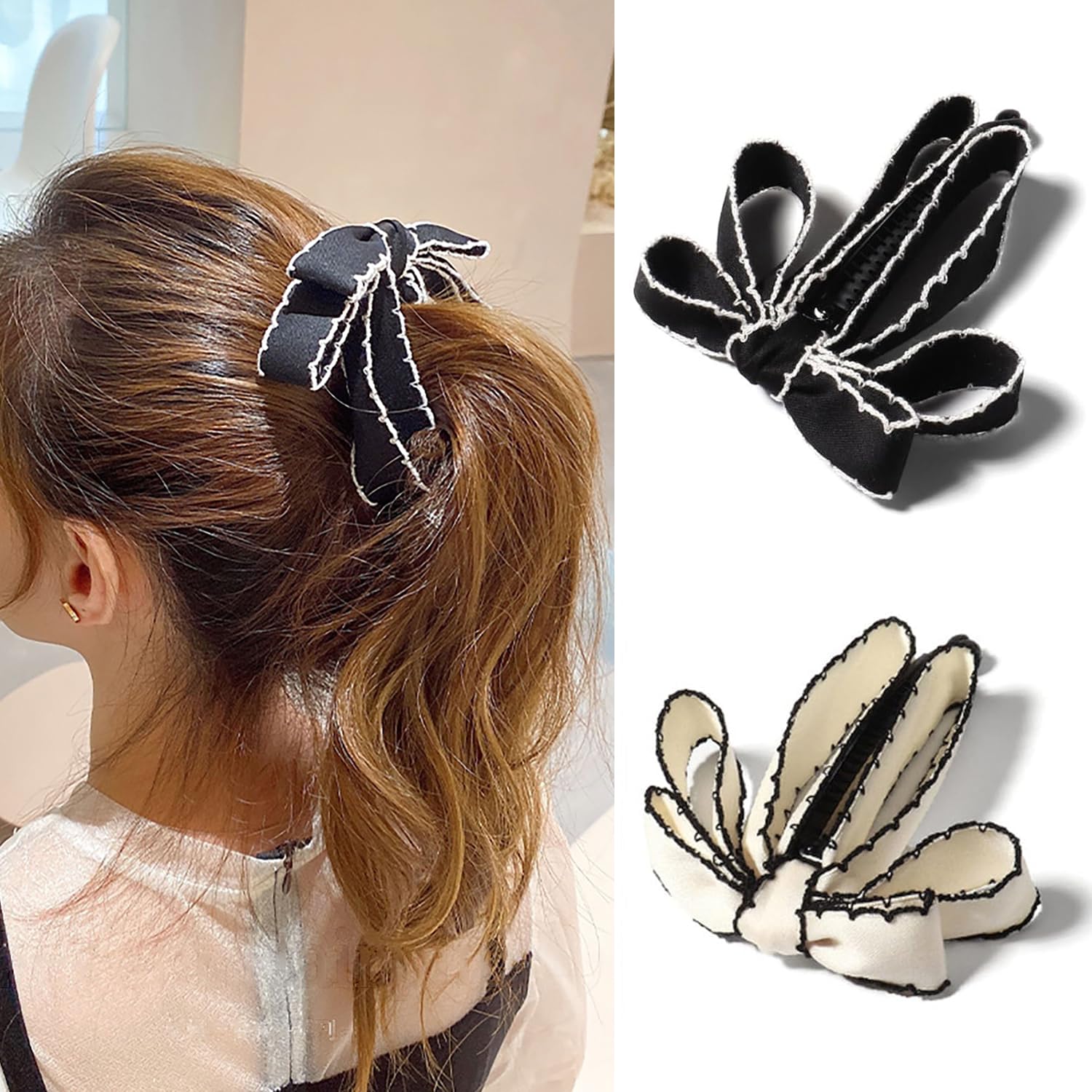 2 PCS Bow Banana Hair Clips, Ribbon Bowknot Ponytail Claw Clip for Women Girls, Black and Beige, Cute Ponytail Holder Hair Accessories for Thick Hair