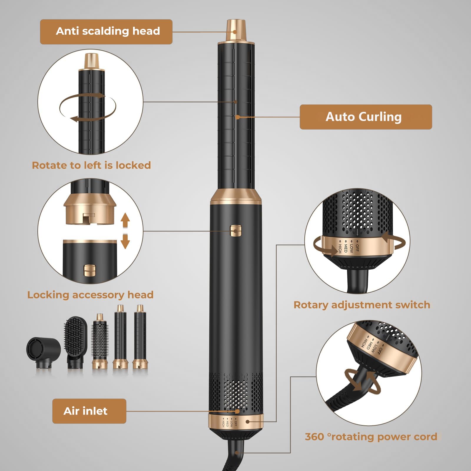 Souvik Cepillo de Aire Voluminizador, Multifuncional Secador de Pelo, con Hair Dryer, Alisador, Rizador Automático, Voluminizador, Tecnología Iónica, 3 Ajustes de Temperatura, Negro