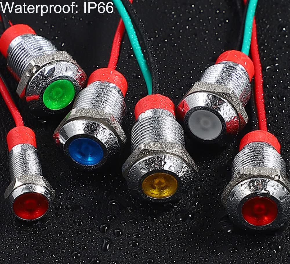 10 Pezzi Spie LED 8mm 12-24V Multicolore (Rosso/Giallo/Blu/Verde/Bianco) Con Cavo 150mm, Impermeabili In Metall