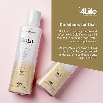 4LifeElements Gold Factor Liquid Daily Wellness Formula, 20 fl oz | Ultra-fine gold particles, Ultra-pure water, Longevity, Memory, Mobility, Daily Cellular Vitality, Easy 1 oz serving