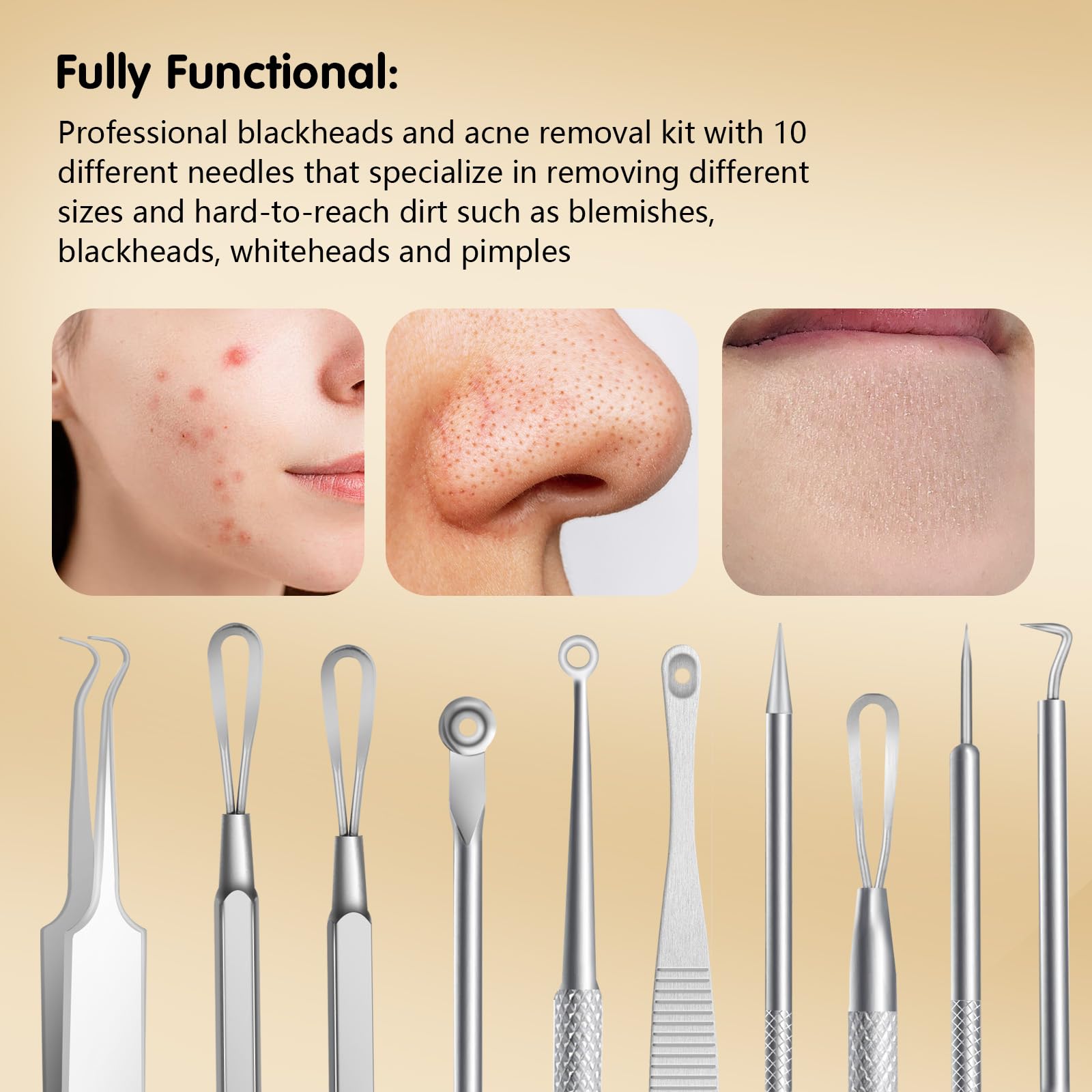 AiQInu 10 piezas Puntos Negros Kit, Herramientas para Eliminar Espinillas, Extractor de Acné Kit Blackhead Remover de Acero Inoxidable, Adecuado para Espinillas, Acné y Otras Impurezas de La Piel