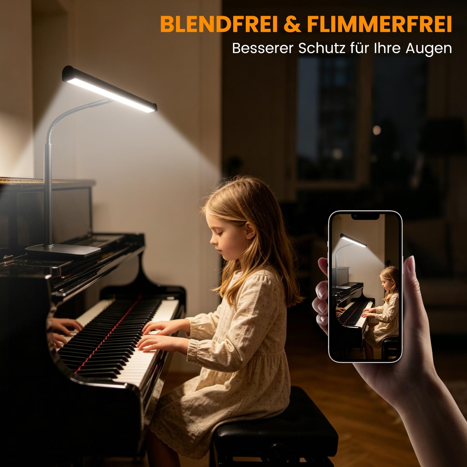 LED Klavierlampe, 3 Farbmodi, 10 Helligkeitsstufen dimmbar, USB betrieben, 360 Grad flexibler Schlauch, stabiler Metallsockel, geeignet für Klavier, Flügel, E-Piano und Schreibtisch