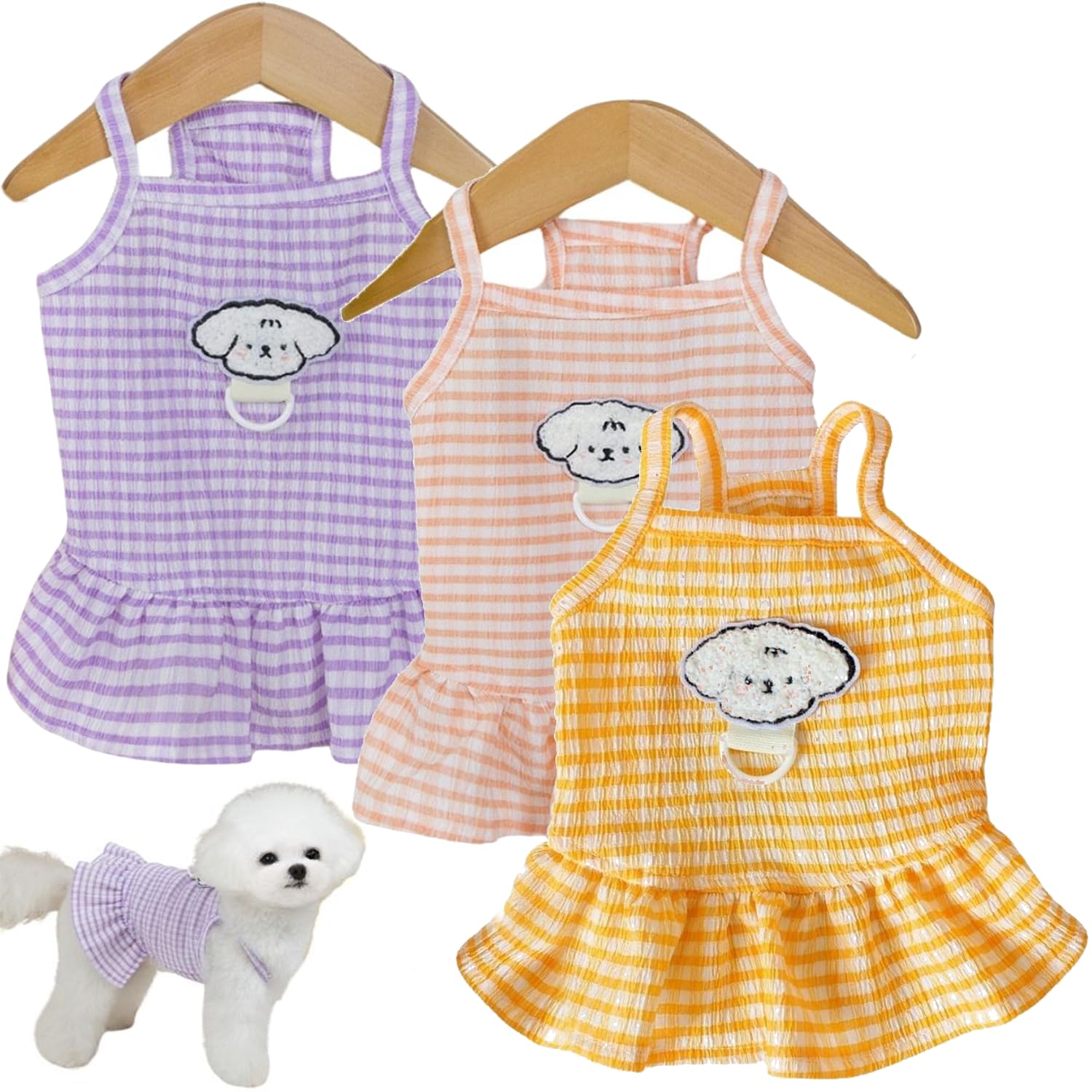 3PCS Striped Checkered Dog Dress with D-Ring, Cotton Pet Clothes for Small & Medium Dogs, Comfortable Summer Dog Outfit for Puppies(3PCS A,S)