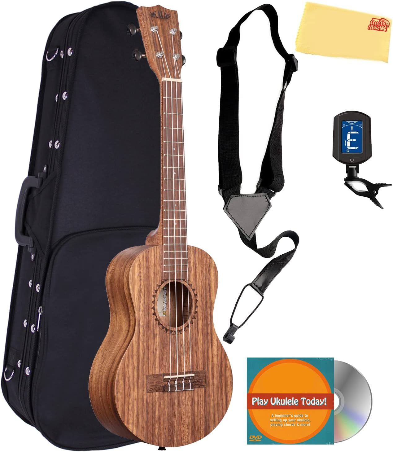Kala KA-TEAK-C Teak Concert Ukulele with Gig Bag, Strap, Clip-on Tuner, Austin Bazaar Instructional DVD and Polishing cloth