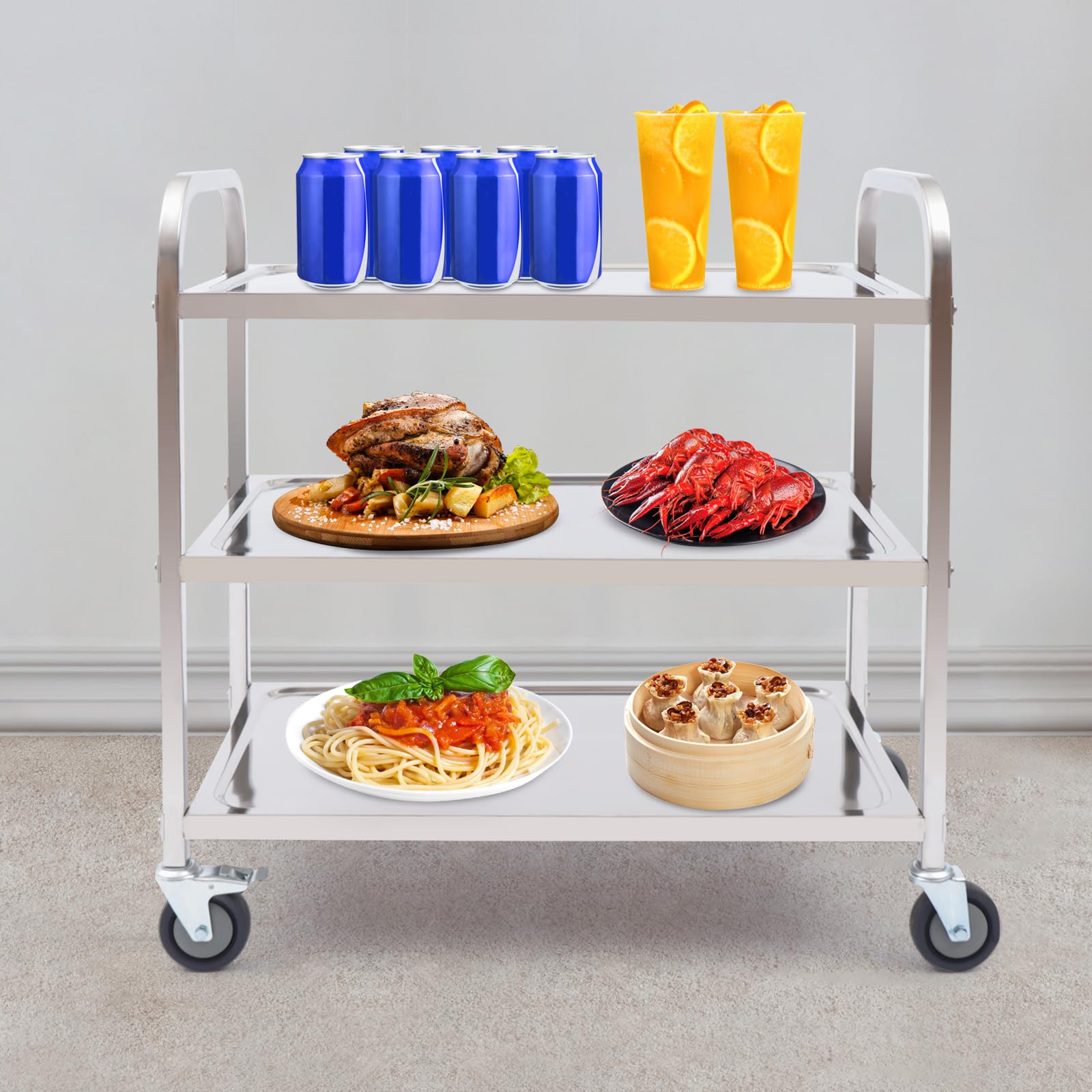 Carro de servicio de 3 niveles, 85 x 45 x 90 cm, acero inoxidable con freno, carrito de metal, restaurante, hotel, escuela, oficina, cocina, carrito